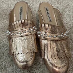 Karl Lagerfeld Rose Gold Pearl Loafer Mules